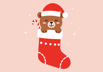 Cute natal bear in a Christmas stocking, adorned with a festive hat and candy cane, a heartwarming design for holiday celebrations and greeting cards