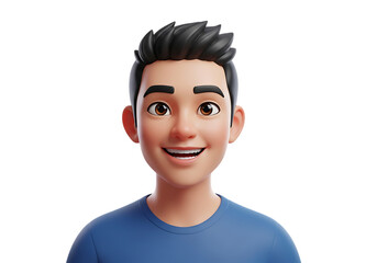 Smiling young man with short dark hair in blue t-shirt 3d render isolated on transparent background