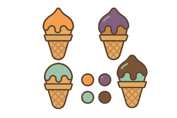 Four sweet dessert ice cream cones with colorful frosting toppings and textured waffle patterns