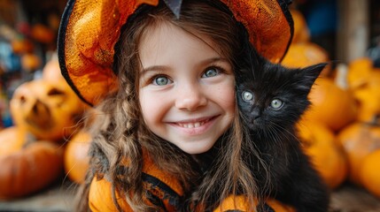 A young Caucasian girl with long brown hair wears an orange witch costume and a large hat. She holds a small black kitten, surrounded by Halloween pumpkins.