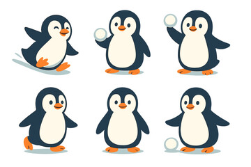 Collection of six adorable baby penguins playing and smiling in various poses