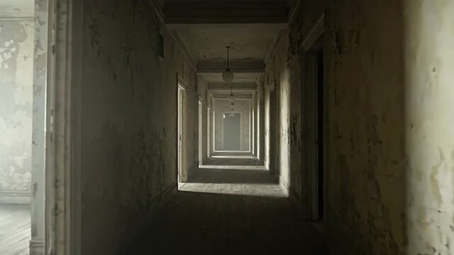 A long, eerie hallway in an abandoned building with peeling walls and multiple doorways.