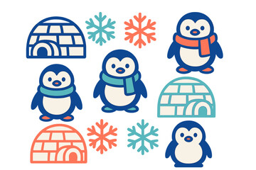 Cute cartoon penguins igloos and snowflakes winter holiday pattern elements