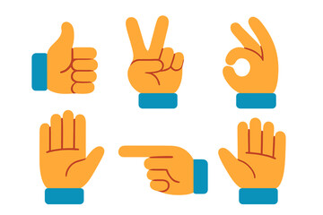 Set of popular hand gestures including thumbs up, peace sign, OK, pointing, and open palms