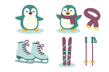 Cute cartoon penguins with winter sports equipment set including skis, ice skates, and warm scarf