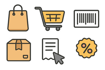 E-commerce and retail icons set including shopping cart, delivery box, barcode, and discount symbol