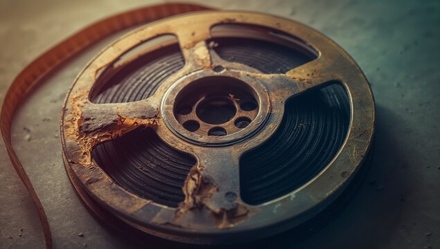 Resting rusted metal film reel exposing corroded spokes on archive shelf, with loose filmstrip
