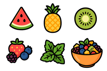 Colorful collection of fresh tropical fruits and berries including pineapple kiwi watermelon and mixed salad