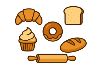 Assortment of fresh baked goods and kitchen tools including croissant donut cupcake bread and rolling pin