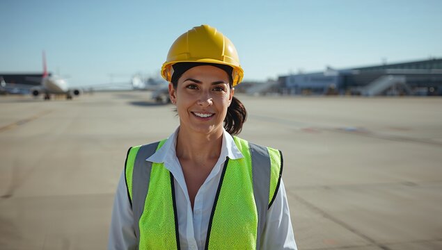 Standing female staff guiding taxiing aircraft on tarmac, with yellow hard hat neon safety vest - Powered by Adobe