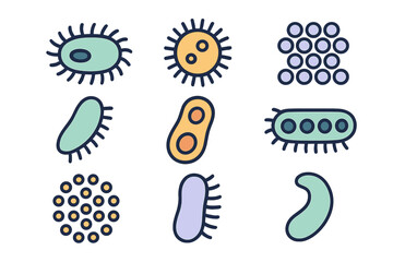 Colorful set of microscopic organisms and bacteria shapes for biology and disease concepts