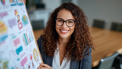 Presenting Hispanic adult female holding display board inside boardroom, with colorful charts