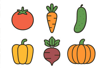 Simple colorful icons of healthy organic produce like tomato carrot cucumber yellow pepper and pumpkin