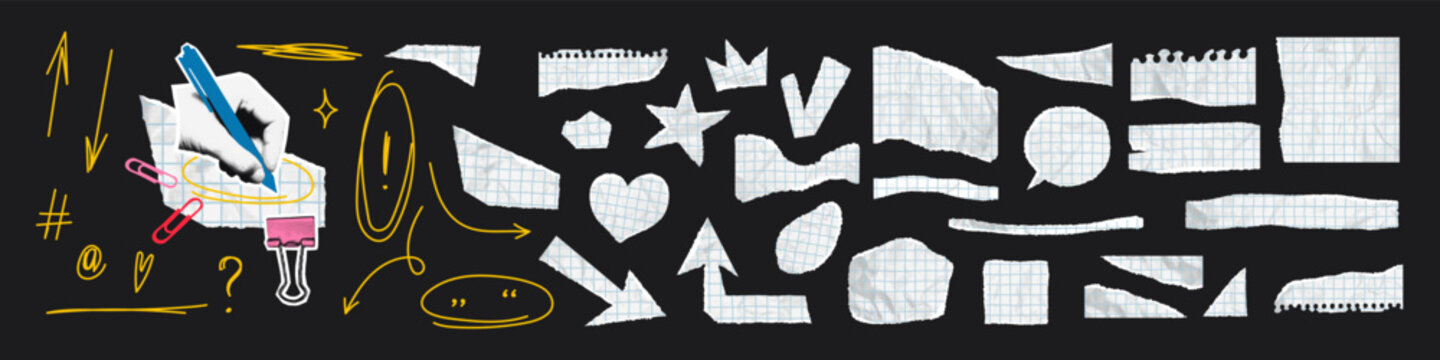 Crumpled torn paper pieces set with light blue graph grid and yellow doodle highlight strokes and arrows. Fun trendy modern retro elements for collage Vector illustration for grunge mixed media design