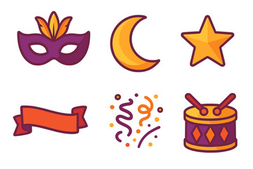 Festive celebration symbols set with mask, drum, star, and ribbon banner