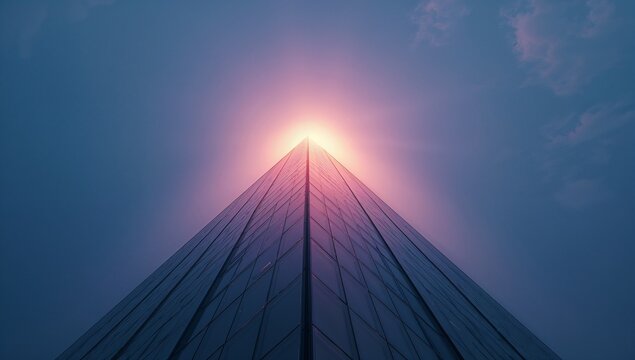 Reflecting glass skyscraper drawing converging lines upward from street view, showing apex glow