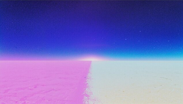 Pink and white beige halves of flat plain stretching under gradient twilight sky, with horizon line - Powered by Adobe