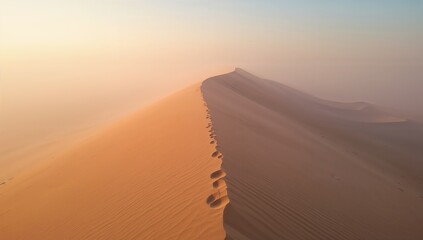 Revealing sand dune ridge curving toward horizon in desert landscape, showing footprints in sand