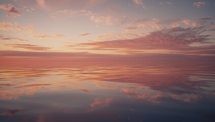 Reflecting open ocean surface mirroring scattered pastel clouds at sunset, with sun near horizon