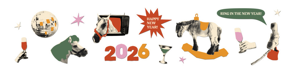 Plakat 2026 New year collage elements set. Funny cut out of magazine halftone shapes with horse, disco ball, champagne, old TV and phone. Modern retro vector illustration isolated on transparent background