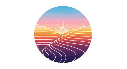 Sunrise Over Terraced Fields - A Serene Landscape Illustration.