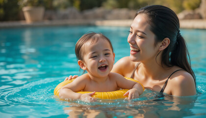 Mother and child are having fun playing in the pool during their vacation time.