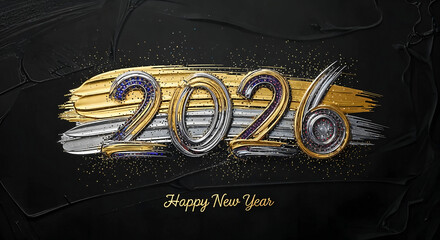 Happy new year 2026 text with gold and silver brush strokes on black background