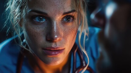 Intense close-up of a focused and determined female doctor in blue scrubs, her face illuminated by dramatic light during a critical medical procedure, conveying stress and resolve.