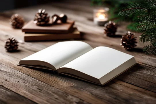 Open book with festive cover design on wooden background