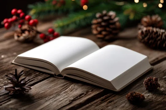 Holiday themed book lying open on rustic table surface