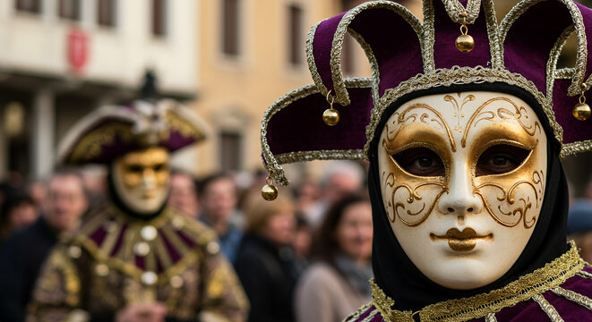 Elegant masked performers in traditional costumes at carnival parade  
