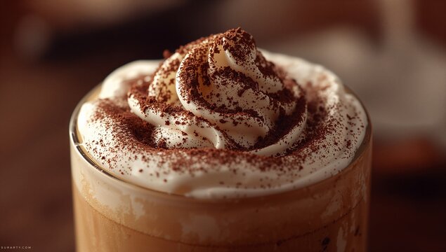 Resting iced coffee in clear glass featuring whipped cream and cocoa powder on wooden cafe table
