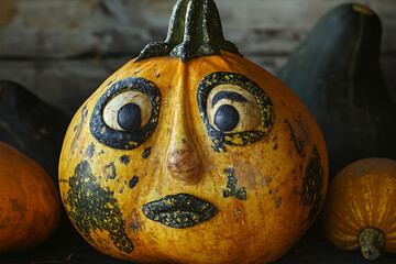 Anxious Gourd with Carved Face &ndash; Expressive Autumn Portrait.