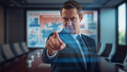 Pointing suited executive interacting with digital interface in boardroom displaying charts
