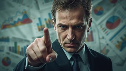 Pointing middle-aged man in suit emphasizing data trends in boardroom, with charts and graphs