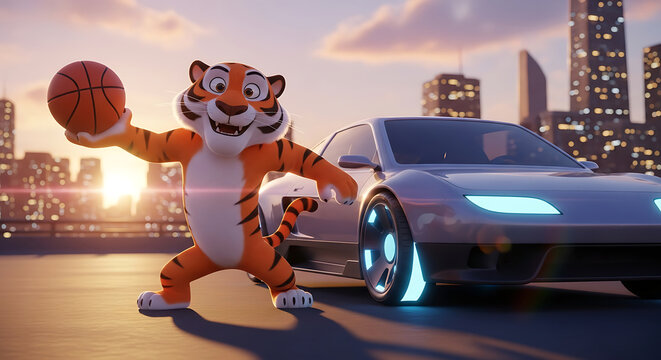 Tony the Tigers Urban Basketball Game with Futuristic Car.
