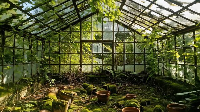 An abandoned greenhouse overgrown with vibrant green moss, foliage, and old terracotta pots