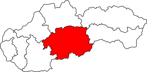 Detailed vector map of Slovakia highlighting Banskobystrický kraj, a Central Slovakia territory centered on Banská Bystrica, known for its extensive forests, mountainous landscapes,