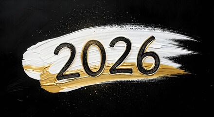 The year 2026 written in bold numbers with a golden and white brush stroke on a black background