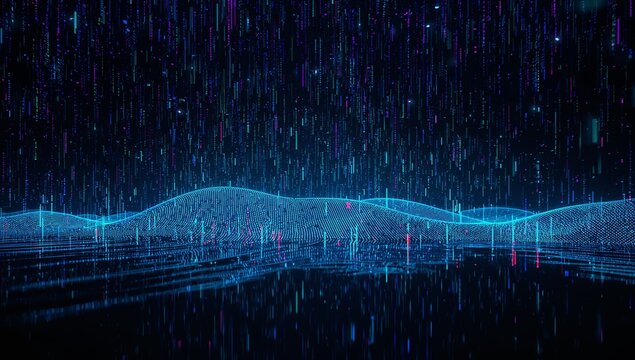 Neon-blue grid waves flowing on reflective digital surface, with cascading cyan magenta data lines - Powered by Adobe