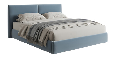 Modern blue upholstered bed with pillows and blanket isolated on white background