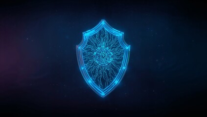 Neon-blue holographic shield icon pulsing in digital void, with circuit lines and glowing nodes
