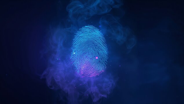 Showing neon fingerprint glowing in digital space, with drifting smoke clouds and glowing particles