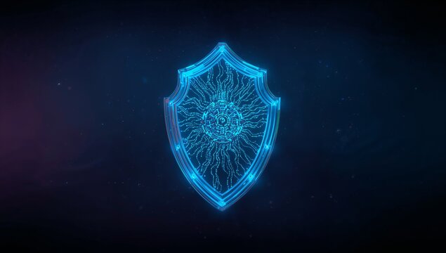 Neon-blue holographic shield icon pulsing in digital void, with circuit lines and glowing nodes - Powered by Adobe