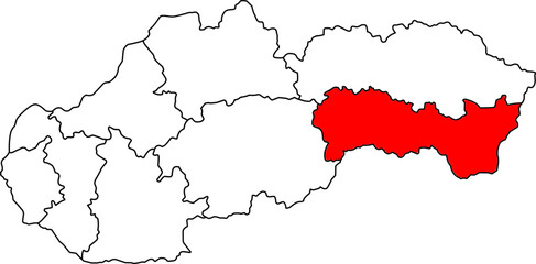 Detailed vector map of Slovakia highlighting Košický kraj, a Southeastern Slovakia territory centered on Košice, known as an important industrial, commercial, and educational hub.