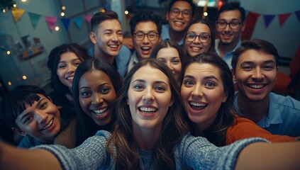 Smiling group of friends taking selfie in living room, with pennant banners and string lights