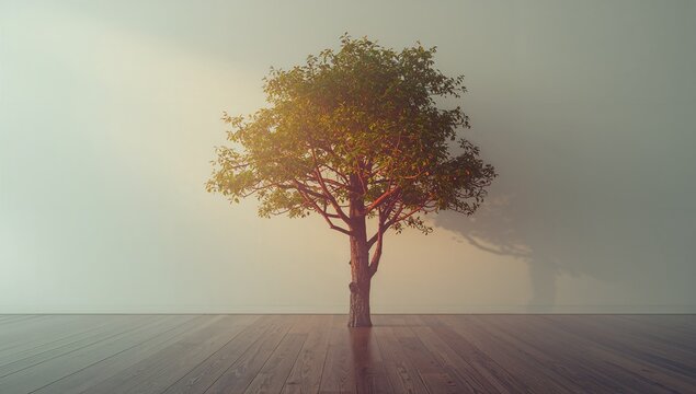 Standing broadleaf tree casting soft shadow on pale wall in gallery-like room, with wooden floor