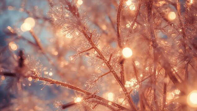 Showcasing frost-covered branches glistening at sunrise in winter, with ice crystals and light orbs