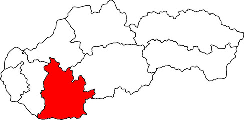 Detailed vector map of Slovakia highlighting Nitriansky kraj, a Western Slovakia territory centered on Nitra, known for its strong agricultural economy, historical significance, and industrial hub.