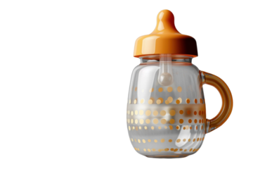 Orange baby bottle with handle and polka dots design is against a black studio background on transparent background